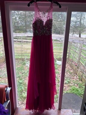 Fiesta Fuchsia High-Low Evening Dress with Embellished Bodice